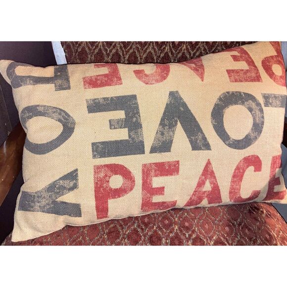 Large Pottery Barn Peace Love Joy Burlap Christmas Toss Pillow - Picture 1 of 1